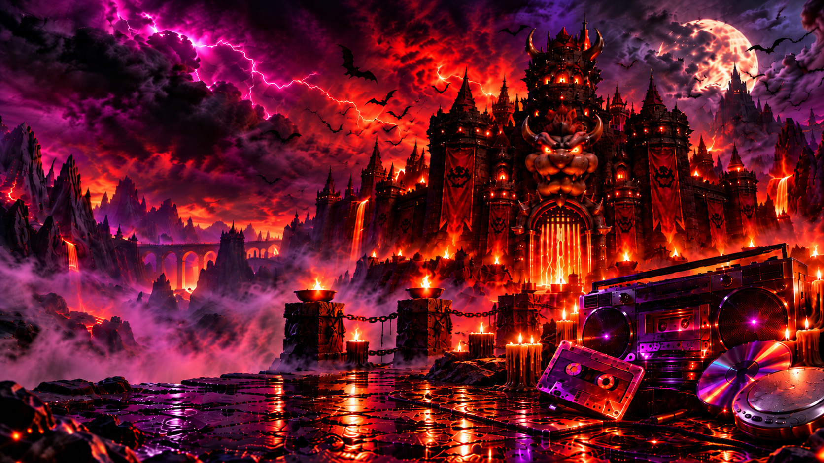 Castillo original de Halloween con equipos musicales retro de los años 90